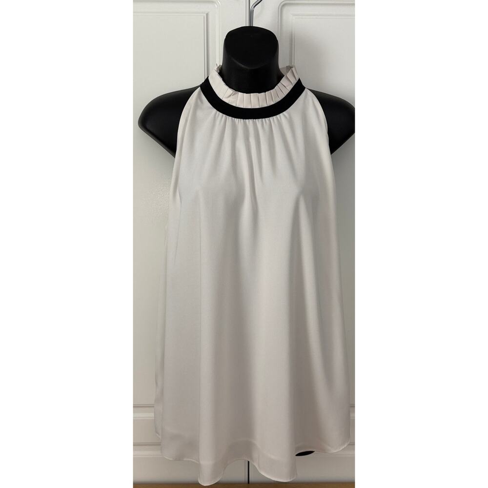 Ann Taylor Sleeveless Ivory Blouse Pleated Mock Neckline w/ Black Trim Size L